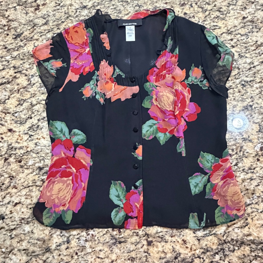 Vintage Jones New York Silk‎ Floral Blouse Black Pink Red Rose Cap Sleeve 10